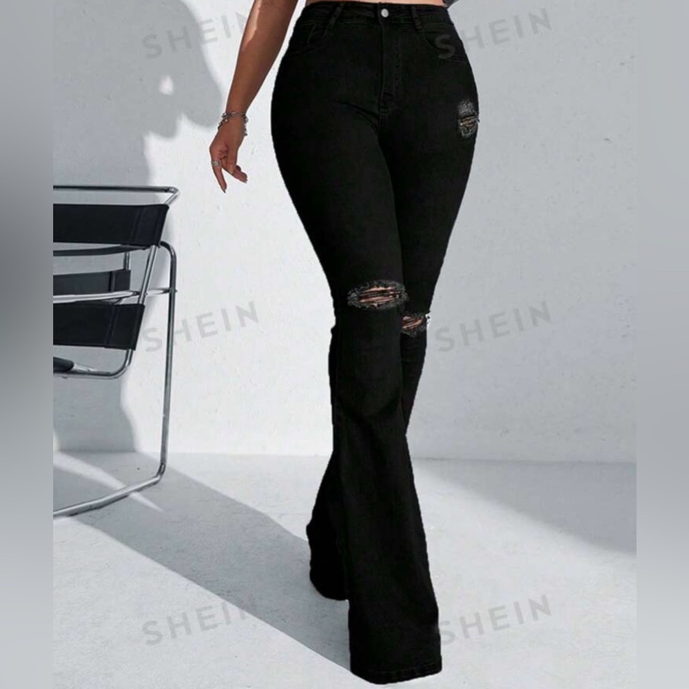 Woman Black High Waisted Ripped flare Pants